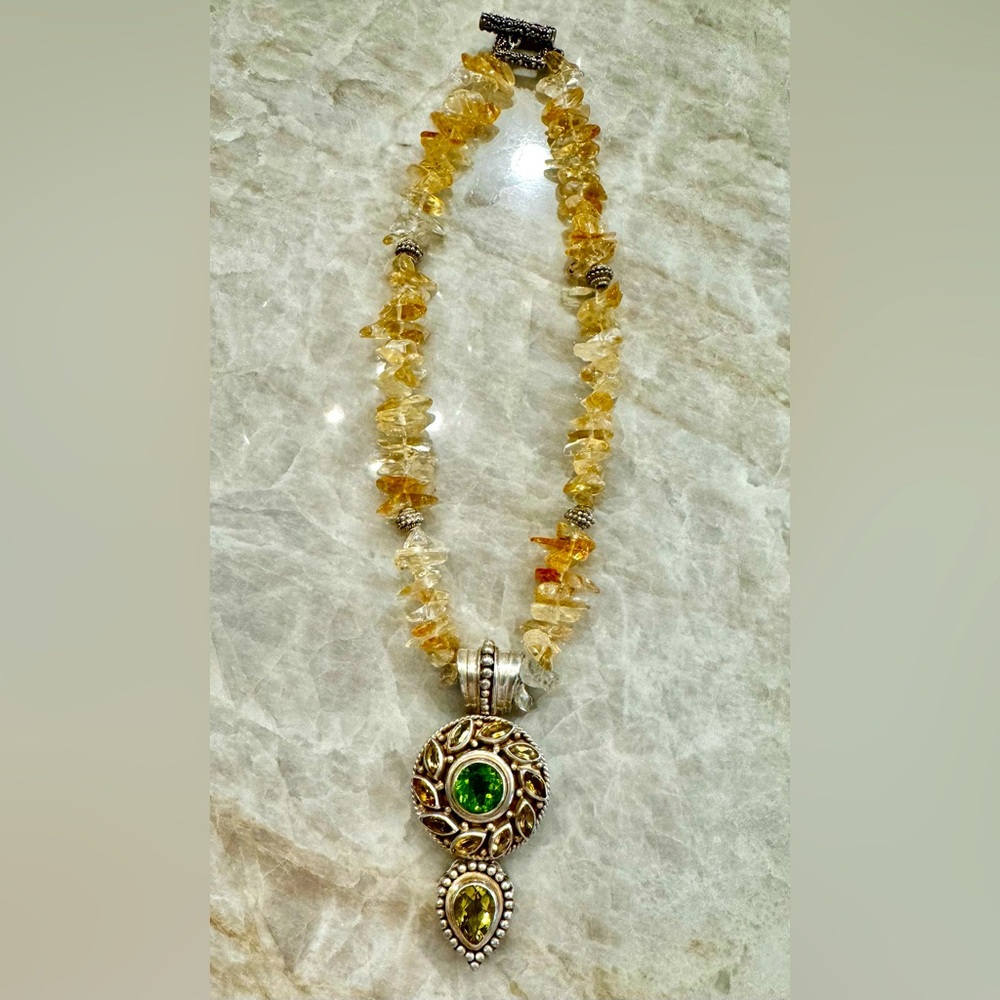 Necklace with Sterling Silver Pendant with genuine Citrine and Peridot Stones